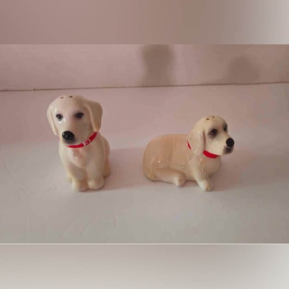 Vintage White with Red Collar Porcelain dogs Salt and Pepper shakers
